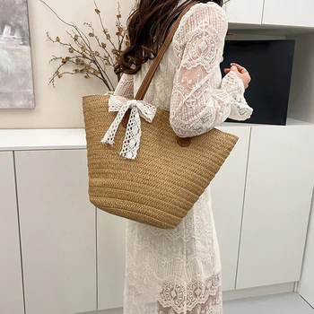Borsa da spiaggia per viaggi Borsa da viaggio in paglia intrecciata di grande capacità per le vacanze Borse a tracolla shopper da donna dal design semplice e versatile