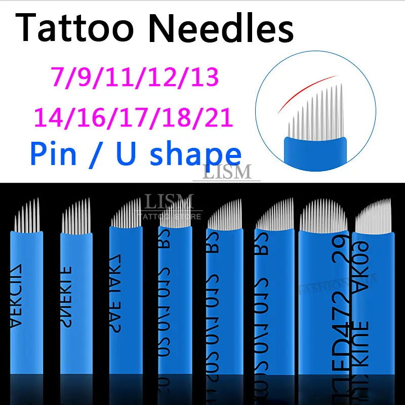 

50/100Pcs Blue Microblading Needles agujas 0.18mm Tebori Blades Tattoo needles Permanent Makeup 14CF 18U Manual Eyebrow Blades