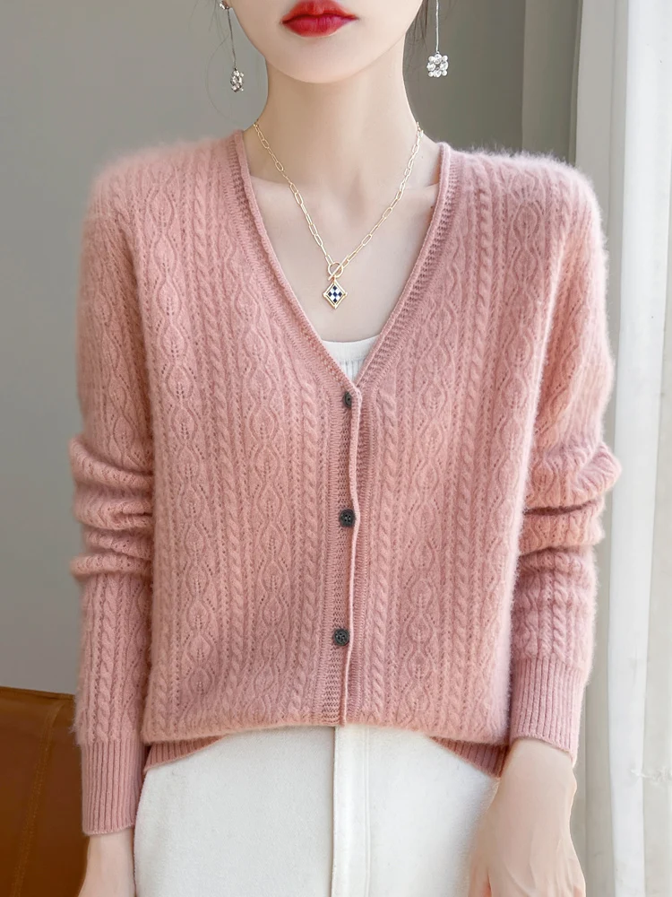 Autumn Winter Women 100% Merino Wool Cardigan Cashmere V-neck Sweater Curled Twisted Hollow Out Knitwear Bottoming Clothing Tops 3