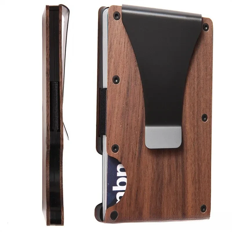 Minimalist Slim Wallet for Men-Slim RFID Wood & Aluminum Wallet With Credit Card Holder, Easily Removable Money & Cards