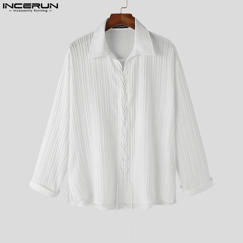 INCERUN Tops 2023 Korean Style New Men Tie Stripe Design Shirts Leisure Simple All-match Male Hot Sale Long Sleeved Blouse S-5XL