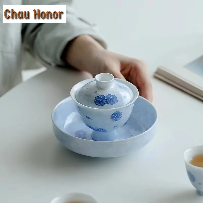 Pure Hand-painted Fog Blue Cherry Blossom Pot Bearing Ceramic Household Dry Brewing Small Tea Tray Cover Bowl Tray Fruit Plates