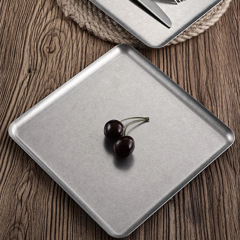 1 Pcs Retro Square 304 Stainless Steel Tray Caf&eacute; Snack Cake Plate Restaurant Tableware