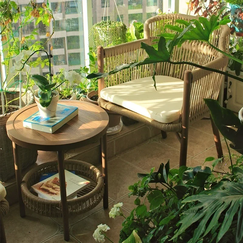 Courtyard Garden Furniture Sets New Chinese Rope Weaving Table and Chairs Three-piece Set Outdoor Balcony Table and Chairs Set B