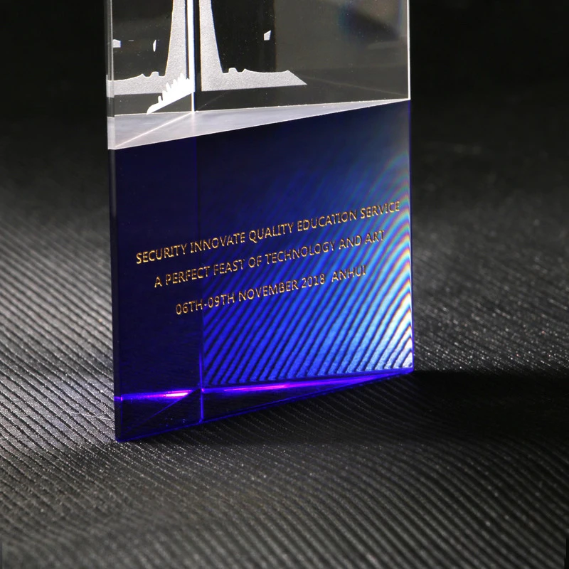 Customized Triangle pillar Crystal Trophy, Excellent Staff Company Annual Meeting Awards, Home Decoration Blue crystal base, 1Pc
