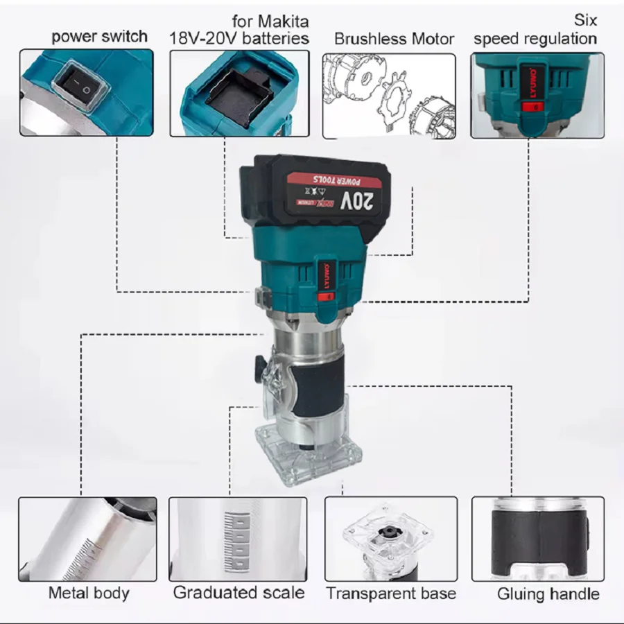 LYUWO electric tool original cordless trimming machine rechargeable brushless slotting tool milling woodworking carving machine