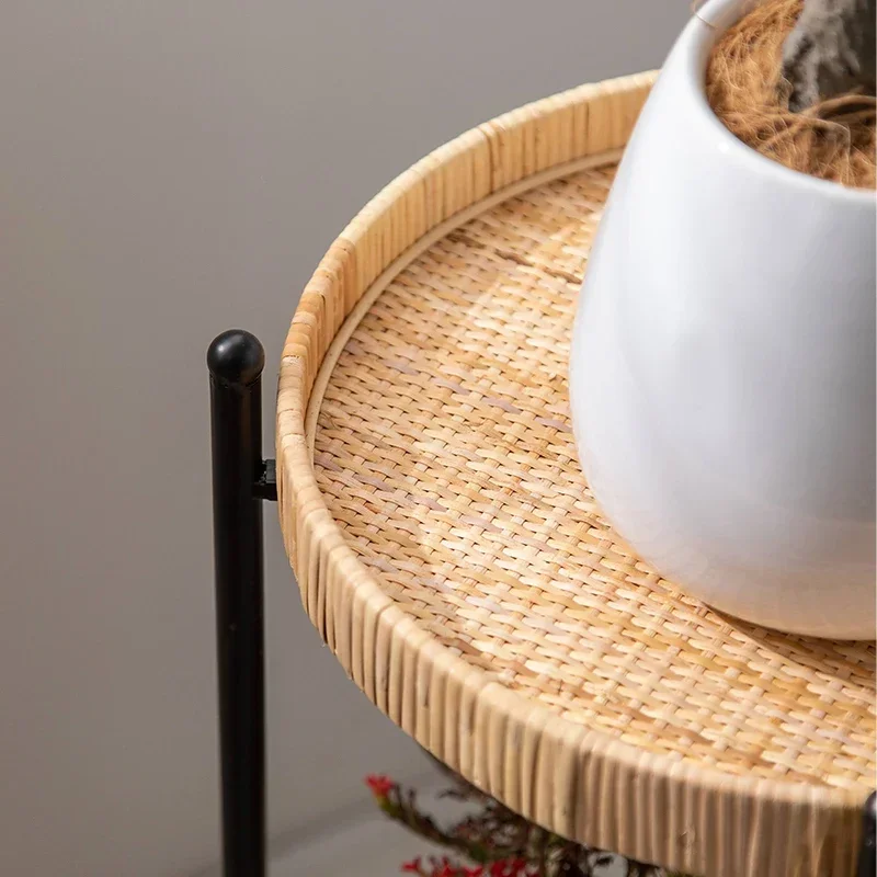 Simple Metal Plant Holder 2-Layer Rattan Woven Design Decorative Green Flower Stand Stylish Indoor Gardening Display