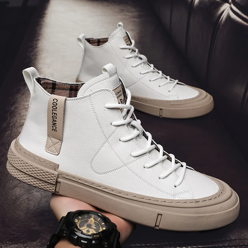 

Fashion Mens Casual Shoes Luxury Brand High Top Men's Boots Genuine Leather Winter New White Shoes High Quality Outdoor Sneakers