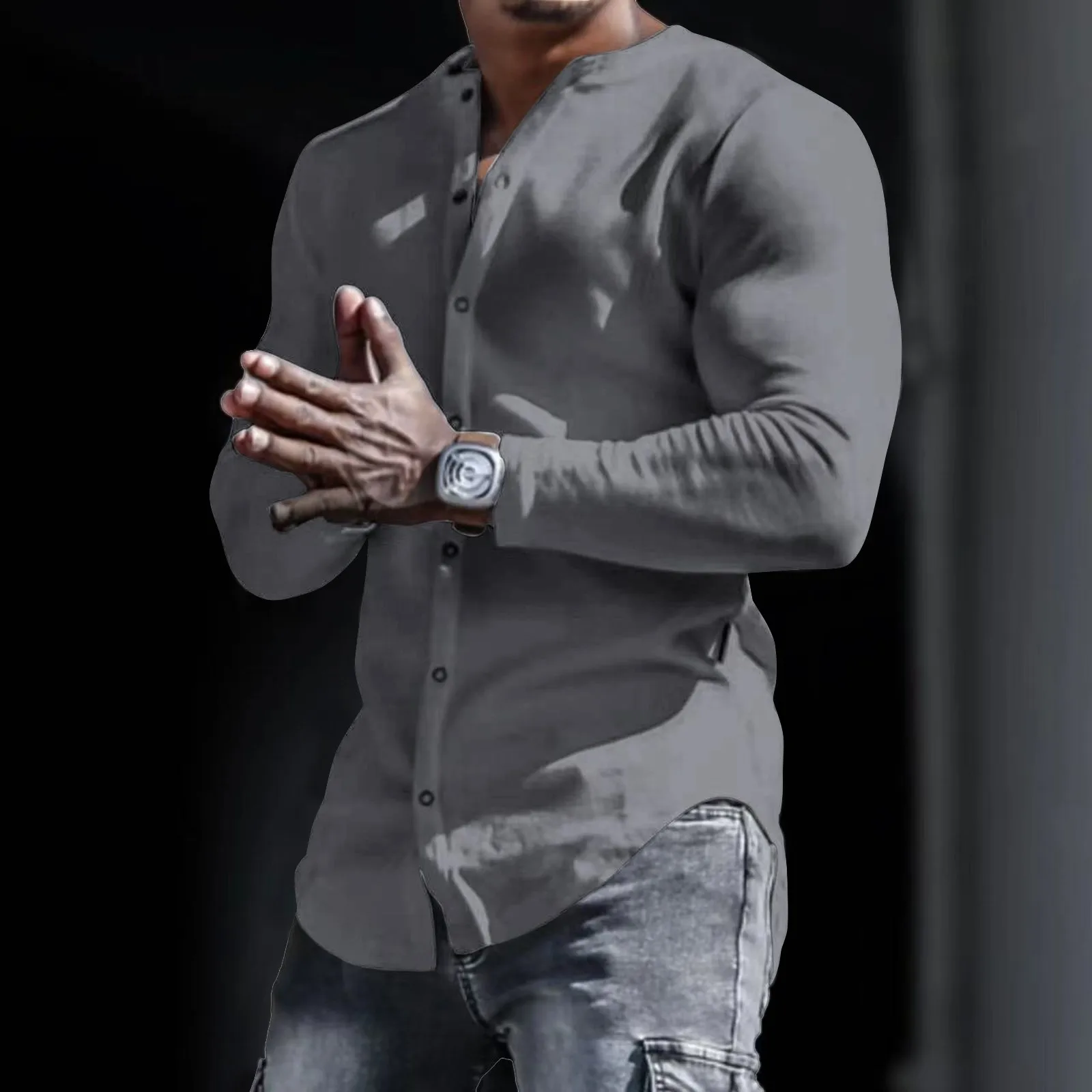 Solid Color Men'S White T-Shirt Autumn Cotton Line Blouse Tops Single Breasted Long Sleeved Collarless Outdoor Tee Shirt Sports