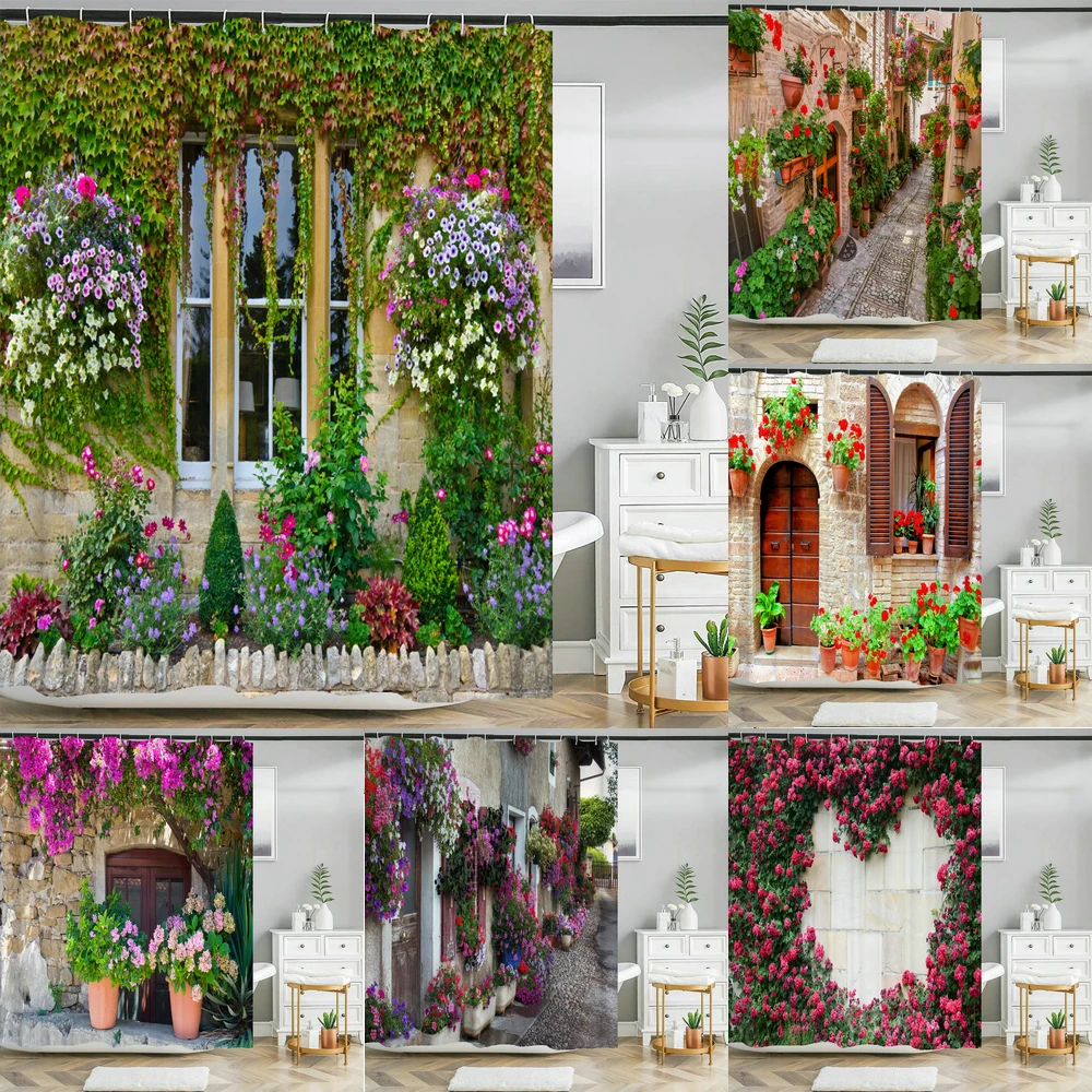 

3D European Town Street Garden Flowers Scenery Shower Curtain Waterproof Bathroom Curtain Home Background Wall Decor Curtain