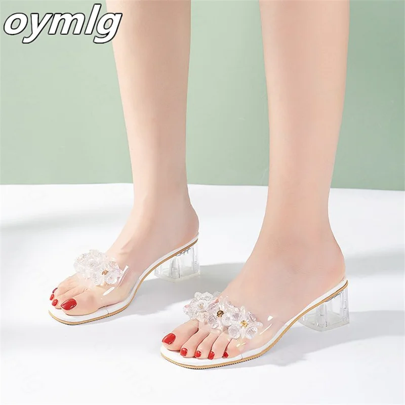 

Mid-heel sandals and slippers women's 2022 new crystal thick-heeled high-heeled one-word drag rhinestone half slippers