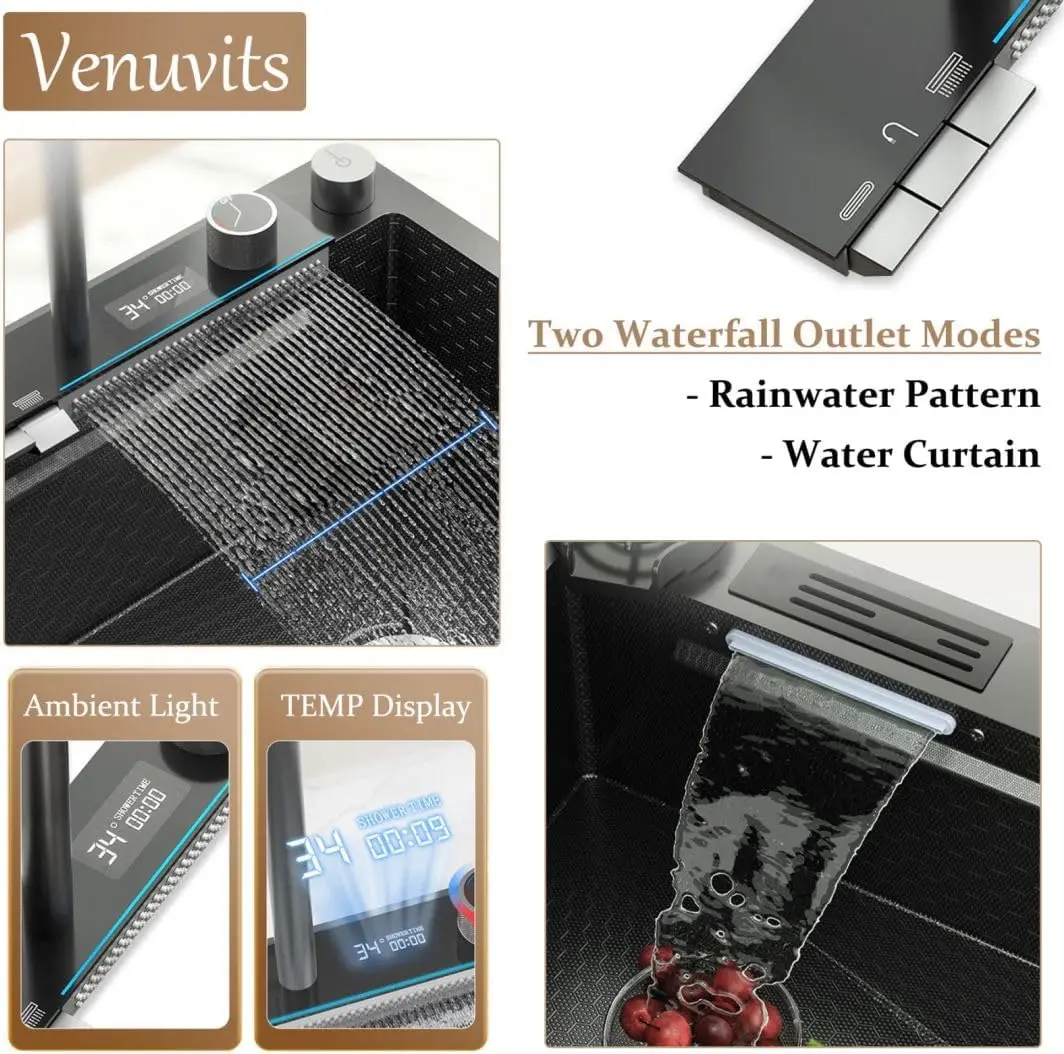 Black Kitchen Sink Twin Waterfall Kitchen Sink 31.5" Stainless Steel Single Bowl Sink with Faucet, Modern Honeycomb Workstation 2
