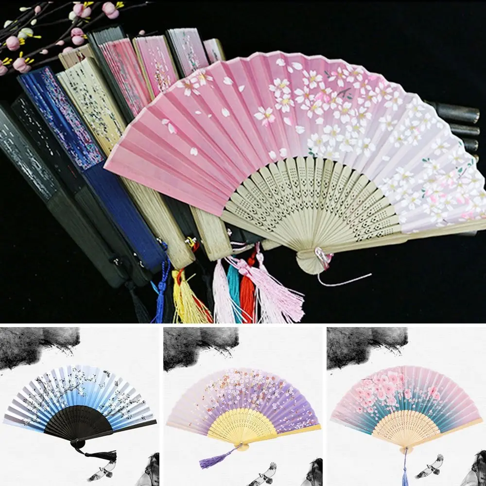 

Chinese Japanese Folding Silk Fan Vintage Shank Classical Fan Colorful Bamboo Tassel Elegent Female Han Clothing Decoration