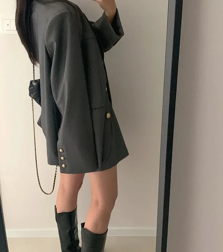 Korean Chic Two-piece Skirt Set Women Single Breasted Blazer Loose Jacket Solid Pleated Mini Skirt Autumn Office Lady Outfits