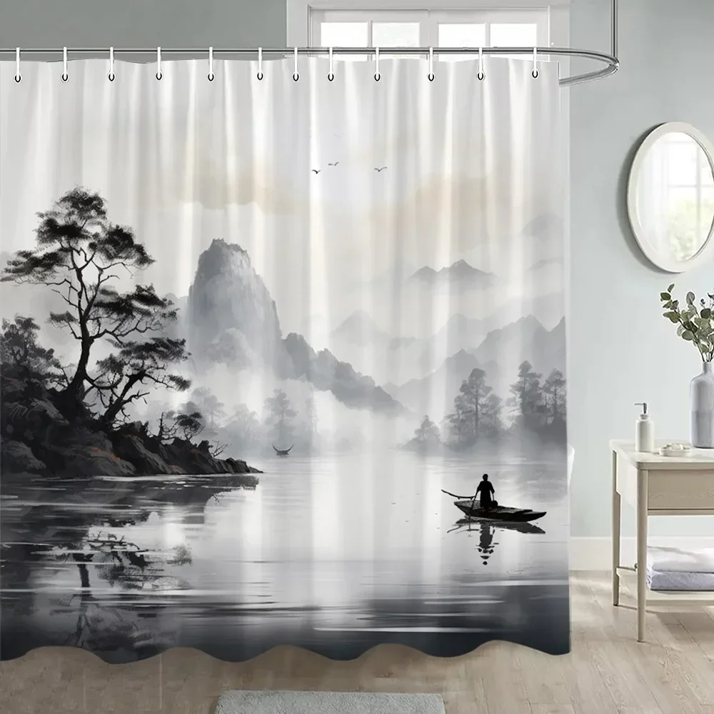 Japanese Style Flowers Bird Shower Curtain Abstract Mountain Red Floral Plant Ink Art Landscape Fabric Decor Bathroom Curtains shower curtains