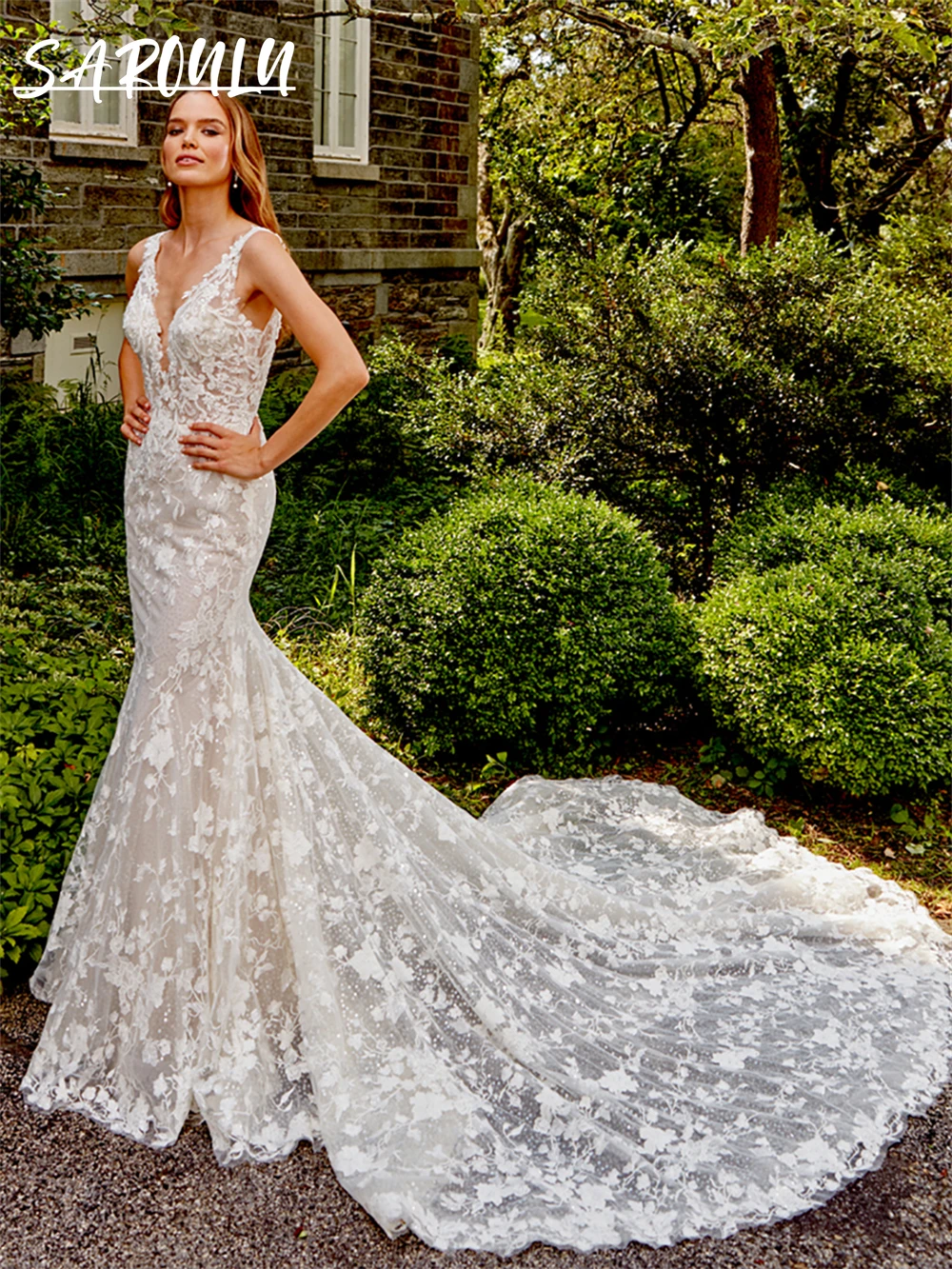 

Romantic All Over Lace Mermaid Wedding Dresses For Women Tank Sleeve Chapel Train Bride Dresses V Neck Bridal Gown Custom Made