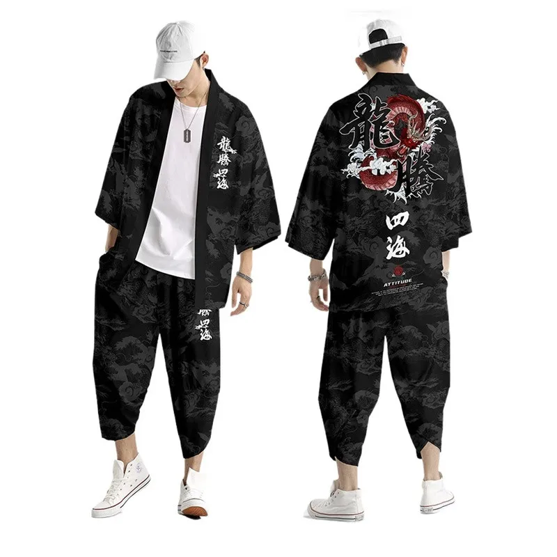 Japanese Kimono Cardigan Pants Set Print Dragon Men Women Shirt Yukata Haori Obi Cosplay Costume 5XL 6XL