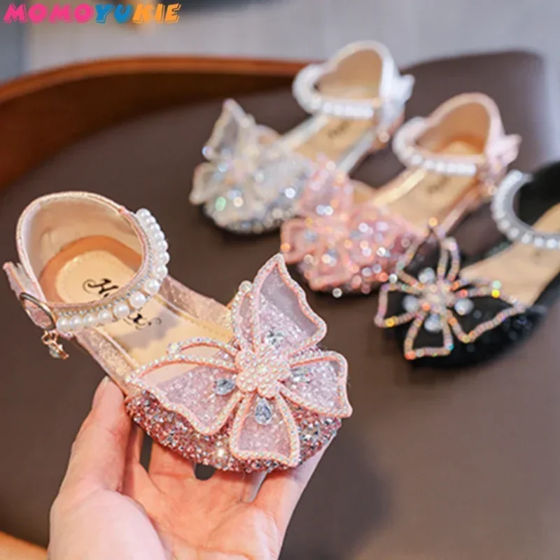 Girls Sequin Lace Bow Kids Shoes Girls Cute Pearl Princess Dance Single Casual Shoe New Children's Party Wedding Shoes D721