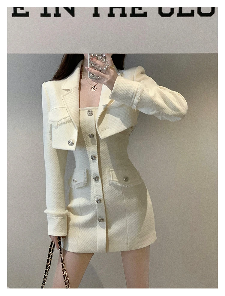 Elegant Autumn New Tweed Two-piece Set Women Long Sleeve Short Jacket Strapless Bodycon Mini Dress Korean Fashion Luxury Outfits