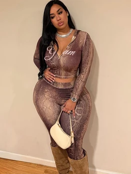 Weird Puss Letter Snake Print Tracksuit 2-Piece Set Women Patchwork Zip Jacket+Pants Matching Casual Stretch Streetwear Outfits 1