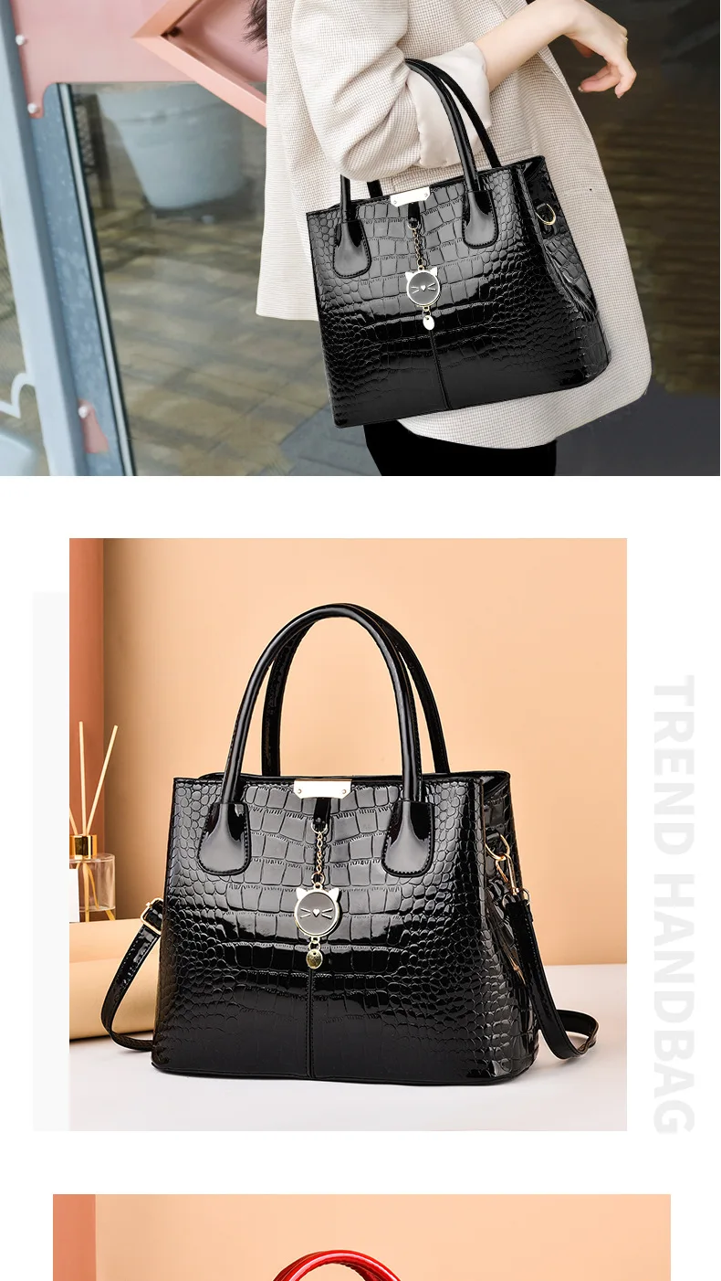 Bright Leather Handbag 2023 Autumn and Winter New Stone Pattern Women's Bag Large Capacity One Shoulder Crossbody Bag