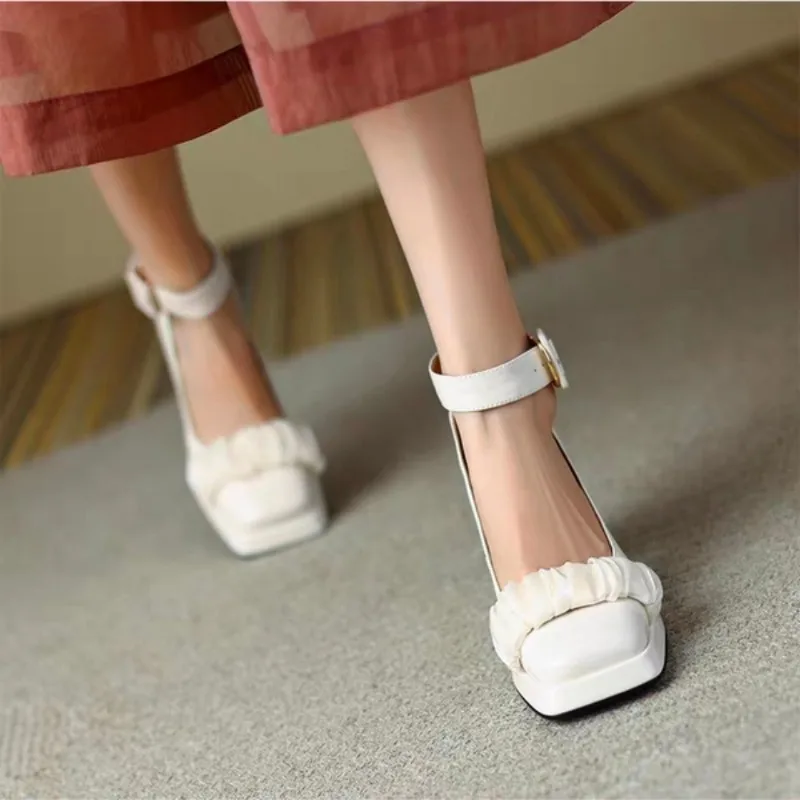 2023 Women's Shoes Mary Janes Women's High Heels Ankle-wrap Party Pumps Women Buckle Strap Square Toe Chunky Heel Female Shoes