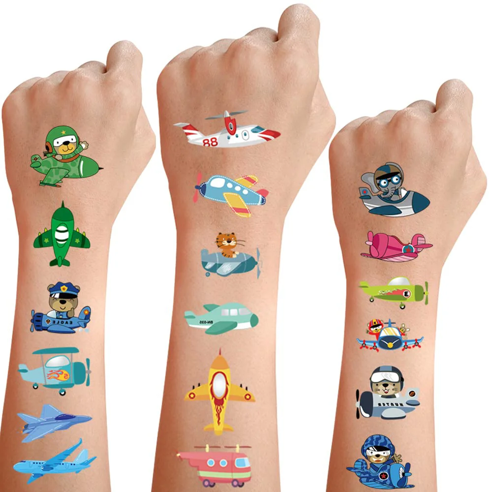 

90Pcs Kid Temporary Tattoos Plane Fake Tattoo Stickers Cartoon Waterproof Body Sticker Airplane Theme Party Decor Favor Supplies