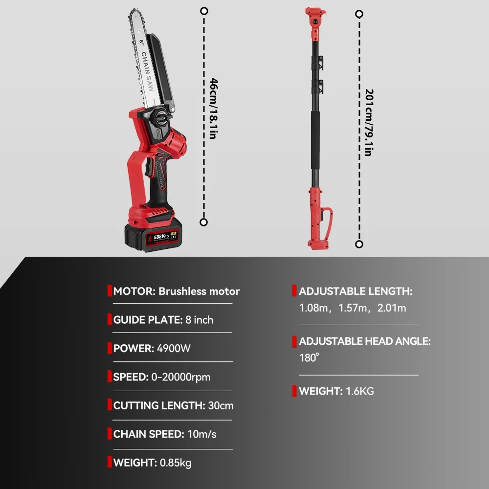 Electric Chainsaw ONEVN 2 IN 1 8Inch Brushless Telescoping Pole Electric Chainsaw 201CM High Branch Garden Pruning Tool For 21V 18V Battery