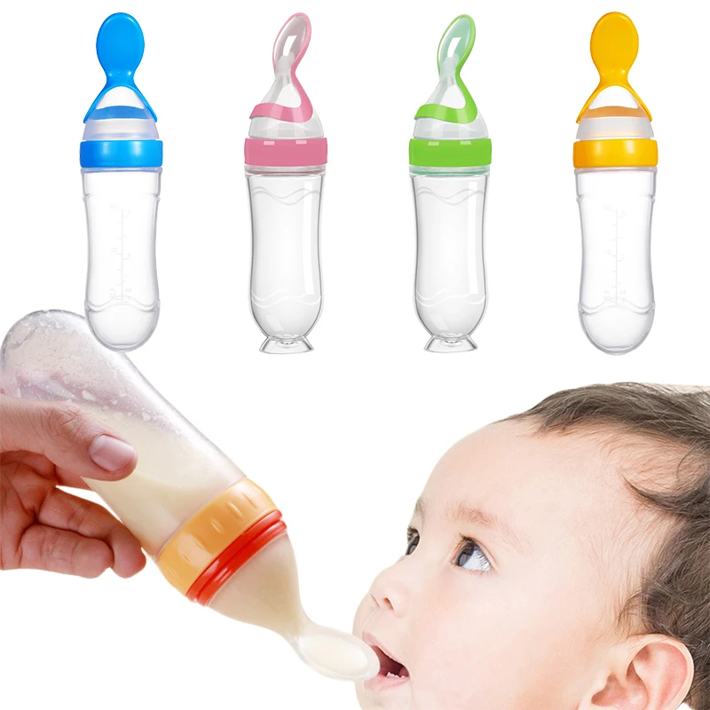 Silicone Feeding Spoon Learning Spoons Baby Cutlery Squeezing Feeding Bottle Spoon