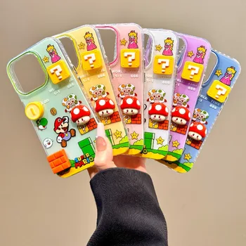 Funda de Teléfono con Diseño de Anime Mario, Estilo Bloques, Dibujos Animados en 3D, para iPhone 17, 16, 15 Pro Max, Combinación de Colores Encantadora, Regalo Navideño 1