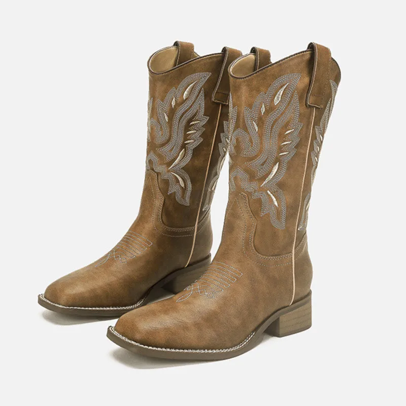 

Classics Mid-calf Boots Solid Color Square Toe Sewing Plush Crude Heel Shoes Party Slip-on Shoes Autumn Winter Bottes Femelles