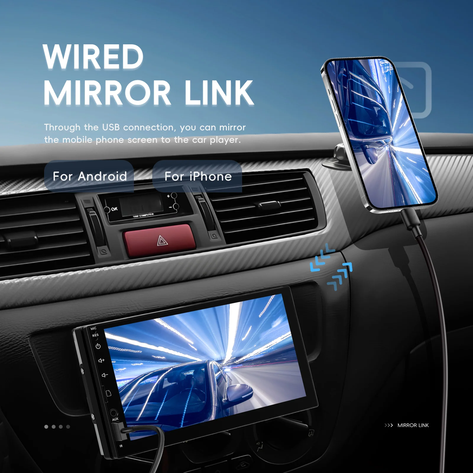 Reproductor MP5 Podofo de 7'' con Pantalla LCD 1Din, Reproductor Multimedia con Mirror Link, EQ, FM, BT, USB, Luces LED, Control del Volante, Estéreo para Auto 2