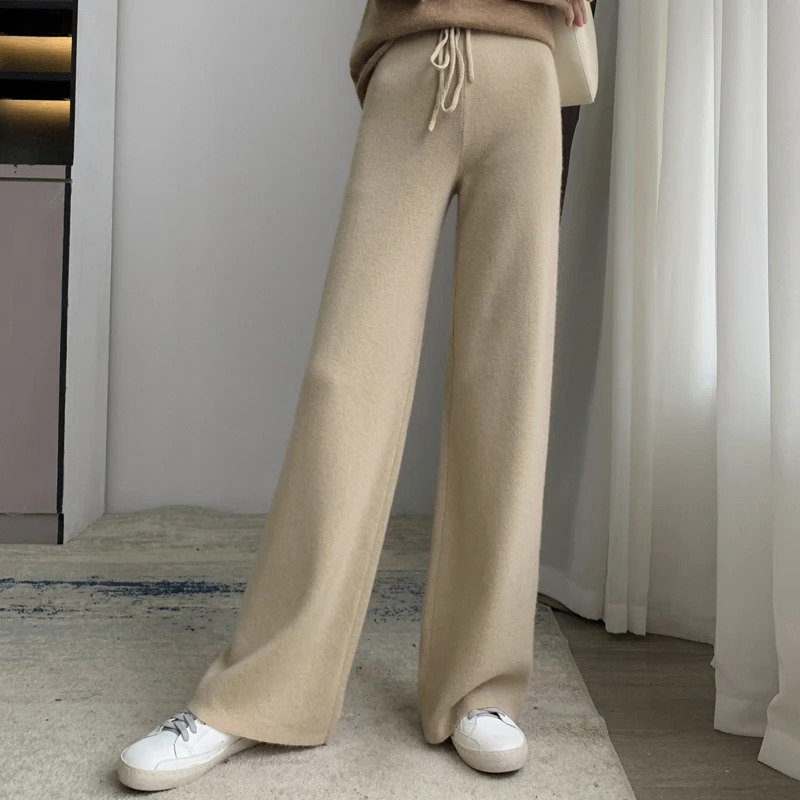 High Quality Women Trousers Pure Color Wide Leg Pants For Office 100% Cashmere Knitted Trousers Autumn Winter High Waist Pants