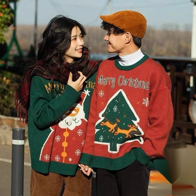 Weihnachtspullover für Männer und Frauen, Paar-Outfit, vielseitig für Herbst und Winter, locker sitzender Pullover für draußen_voghion.com