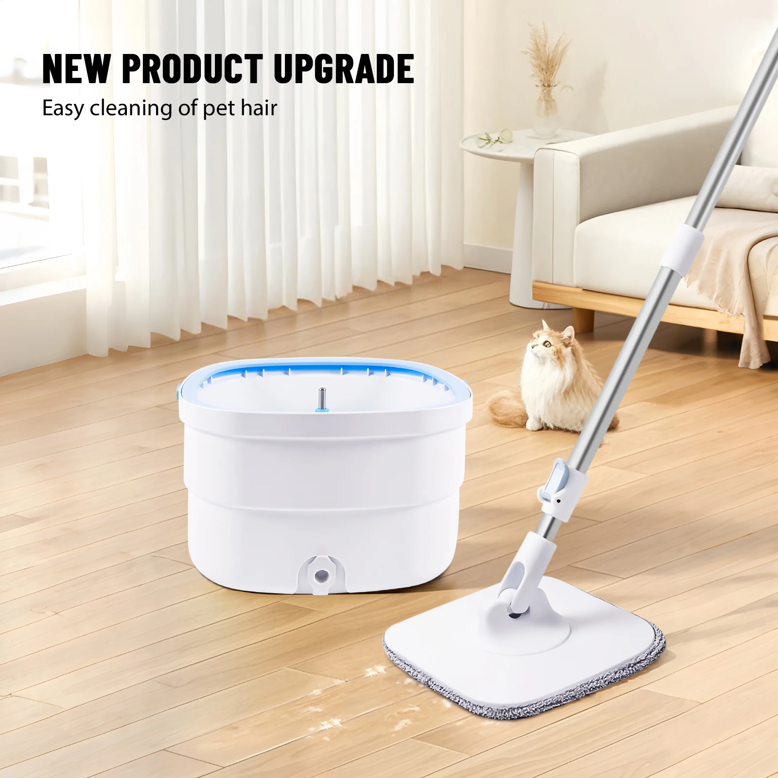 Wischmopp-Eimer-Set mit 360°-Drehfunktion ° Dreh-, Spül- und Auswring-System, 2 wiederverwendbare Mikrofaserpads für Hartholz-, Fliesen- und Laminatböden – Detail 8