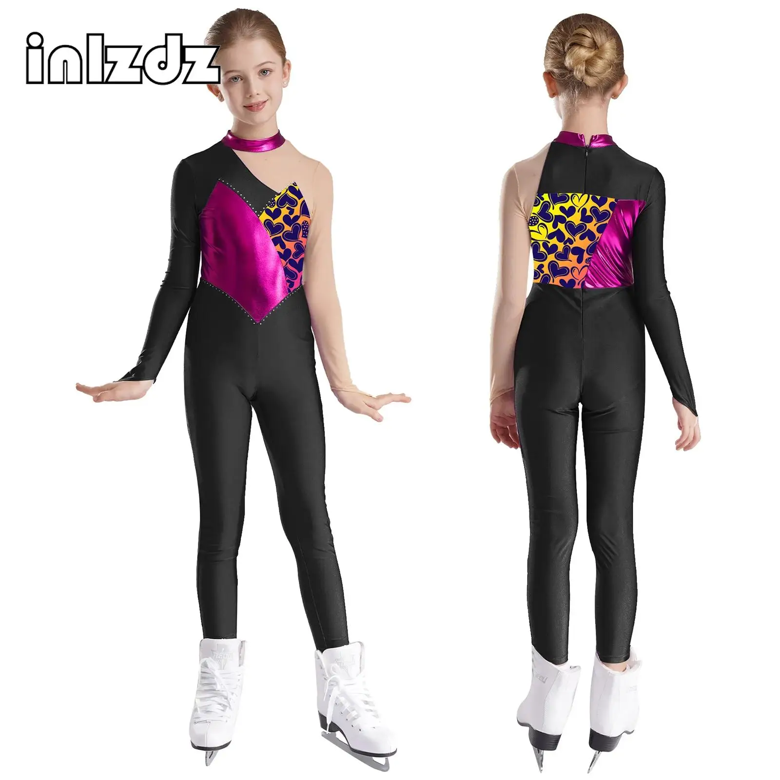 

Girls Kids Long Sleeve Gymnastics Leotards Metallic Printed Ballet Dance Bodysuit Jumpsuit One-piece Full Body Unitard Costume