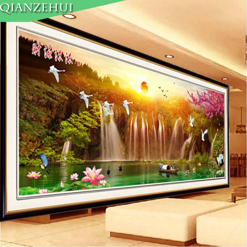 DIY Printing Rising Sun Cross Stitch Water Making Money Landscape Paintings Wall Home Decor