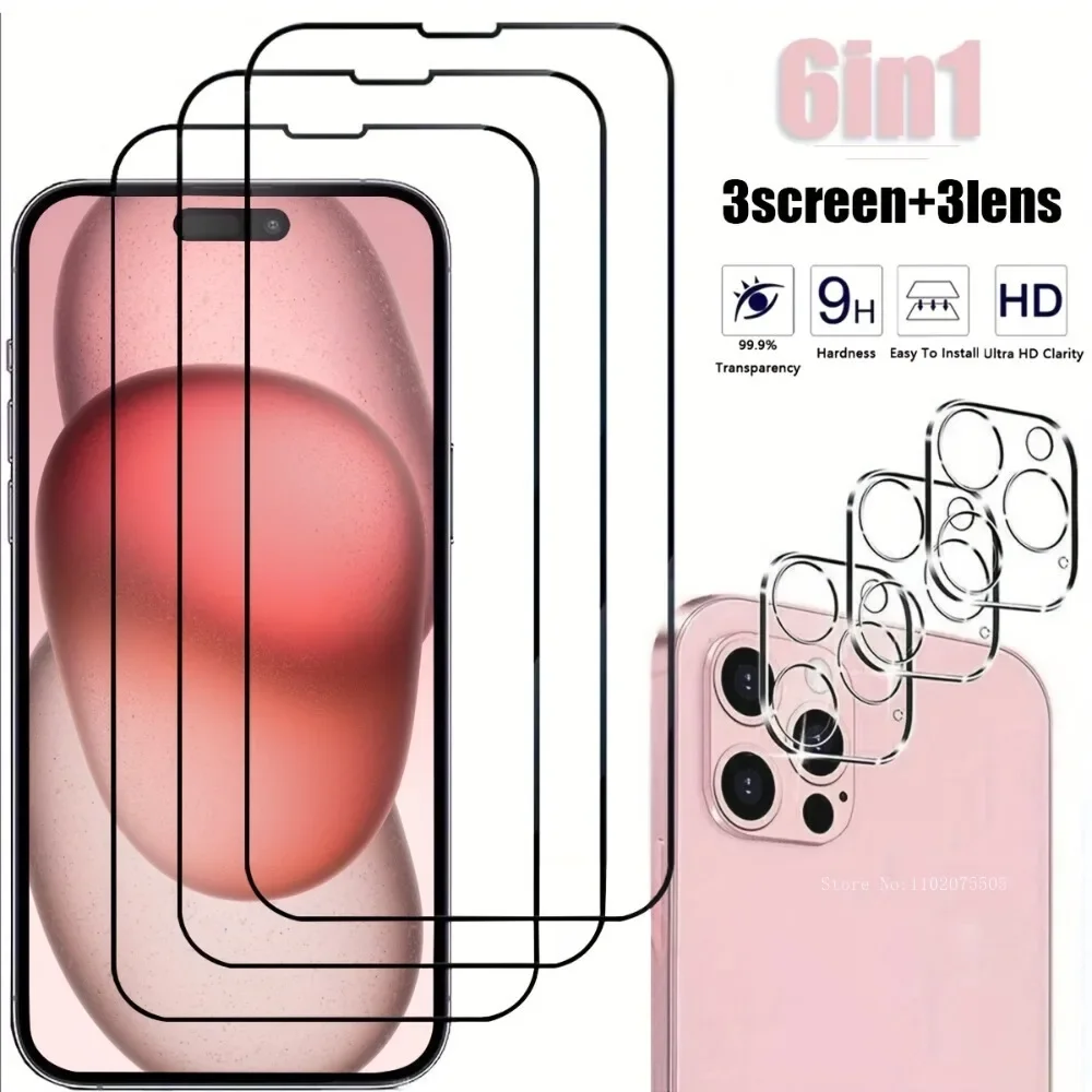 Ensemble de protection écran et objectif pour iPhone avec film en verre trempé, comprenant 3 protections d'écran et 3 protections d'objectif, affiché sur fond blanc. Les cara