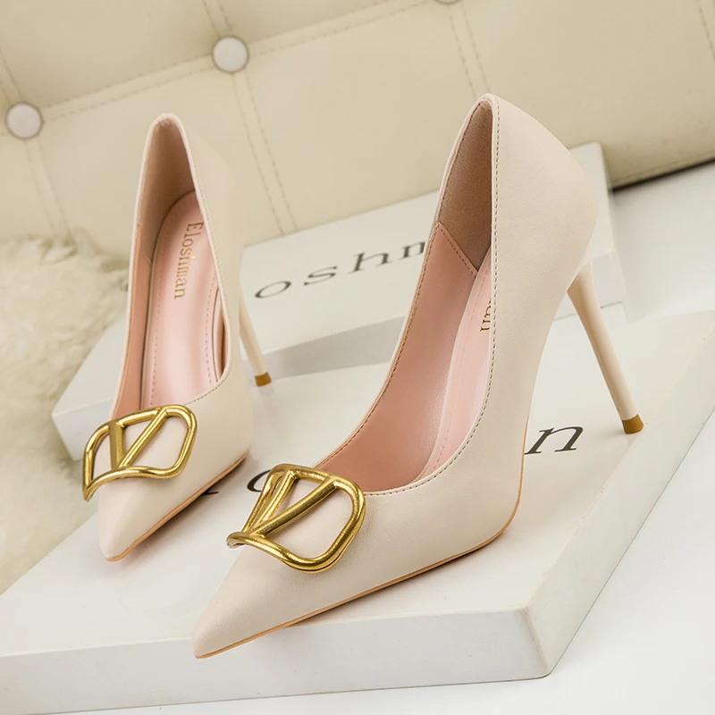 Sexy PU Leather Pointed High Heels Female 2024 New Professional Metal Buckle Shoes Red Stiletto Single Shoes Zapatos De Mujer