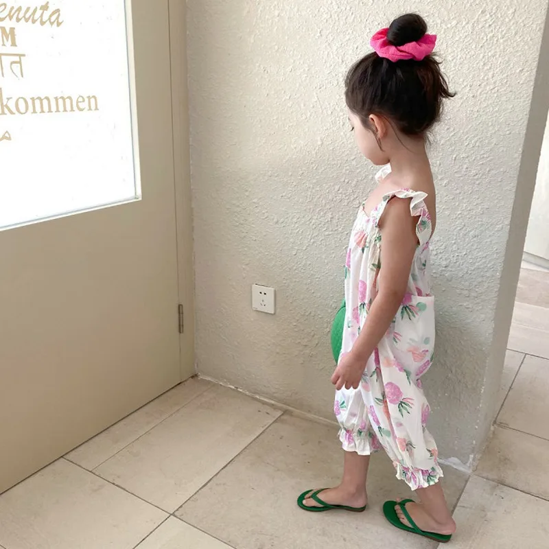 Korean Kids Baby Girls Fruit Print Sleeveless Suspender Jumpsuit Summer Fashion Cute Long Pants Children's Clothing