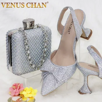 Venus Chan 심플하고 편안한 유선형 포인티드 슈즈, 패셔너블하고 다목적 파티 신발 및 가방 세트, 신상 실버