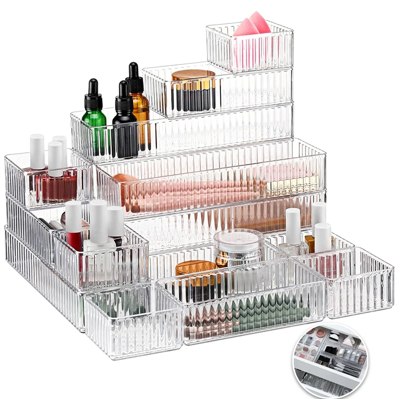 Clear Drawer Organizers Bins, Stackable Makeup and Vanity Drawer Organizer Trays, Acrylic Bathroom Drawer Storage Containers 1