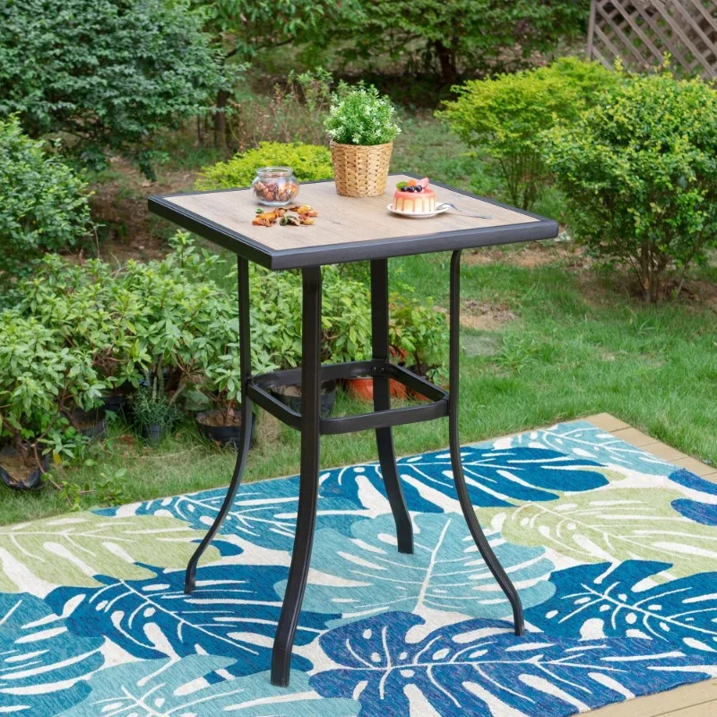 

Patio Bar Table, Outdoor Bar Height Dining Table with Wooden-Like Top and Metal Frame, Brown