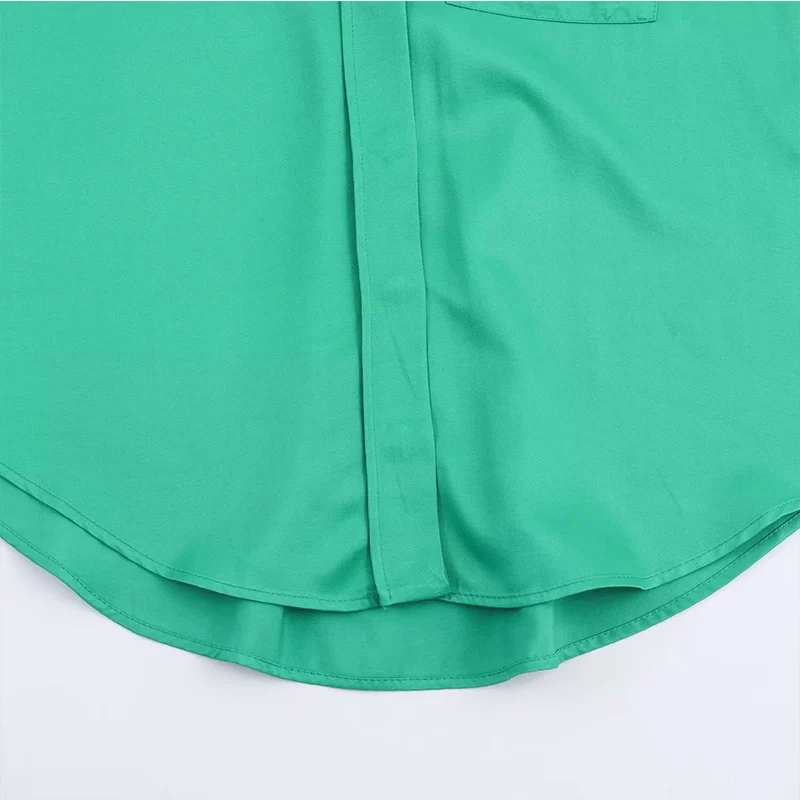 Chic Fashion Green Satin Shirts for Women 2025 New Long Sleeve Pocket Women's Streetwear Casual Shirt And Blouse Top ﻿