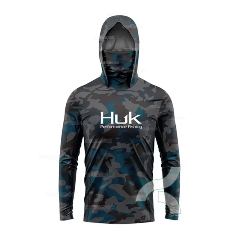 HUK Fishing Shirt Long Sleeve Anti-UV Hooded With Face Mask Seam Sealing Tape