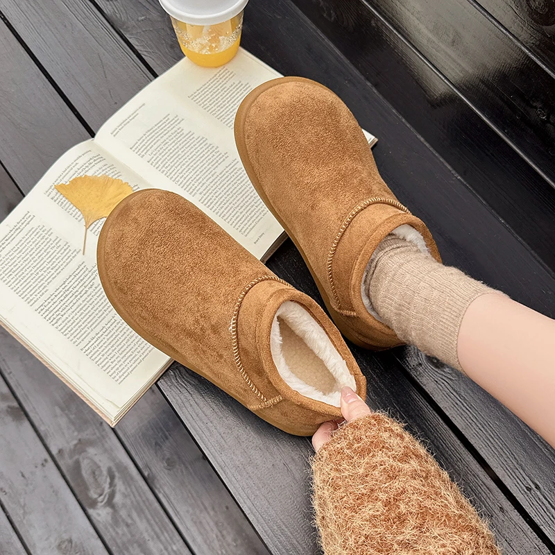 Aphixta Classic Slip On Woman Snow Boots High Quality Cow Suede Woman Winter Shoes Flat With Solid Color Plush Warm Women Boot
