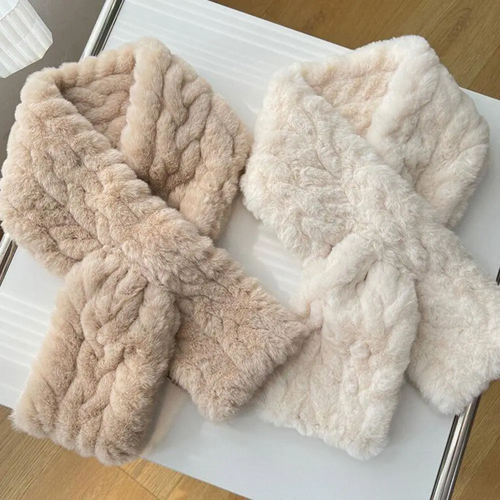 Women Solid Color Faux Rabbit Fur Scarf Cross Short Scarf Thickened Warm Neck Warmer Women's Autumn And Winter Warm Fur Collar