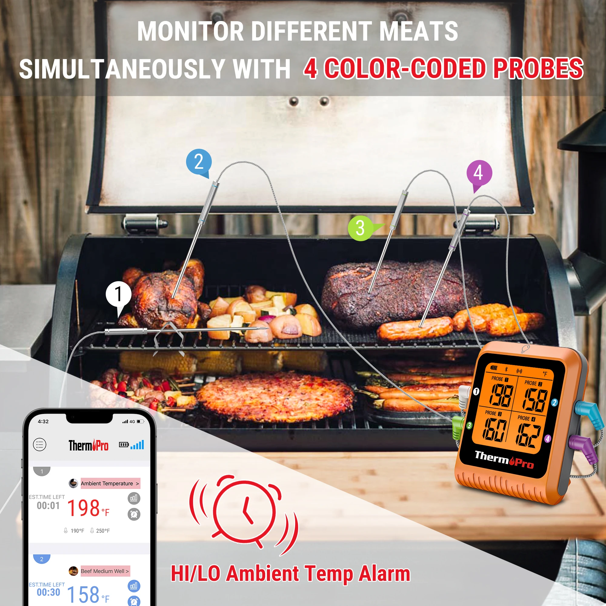 ThermoPro TP930 Wireless 200M Bluetooth Rechargeable Barbecue Grill Kitchen Digital Thermometer With 4 Probes For Meat Oven 2