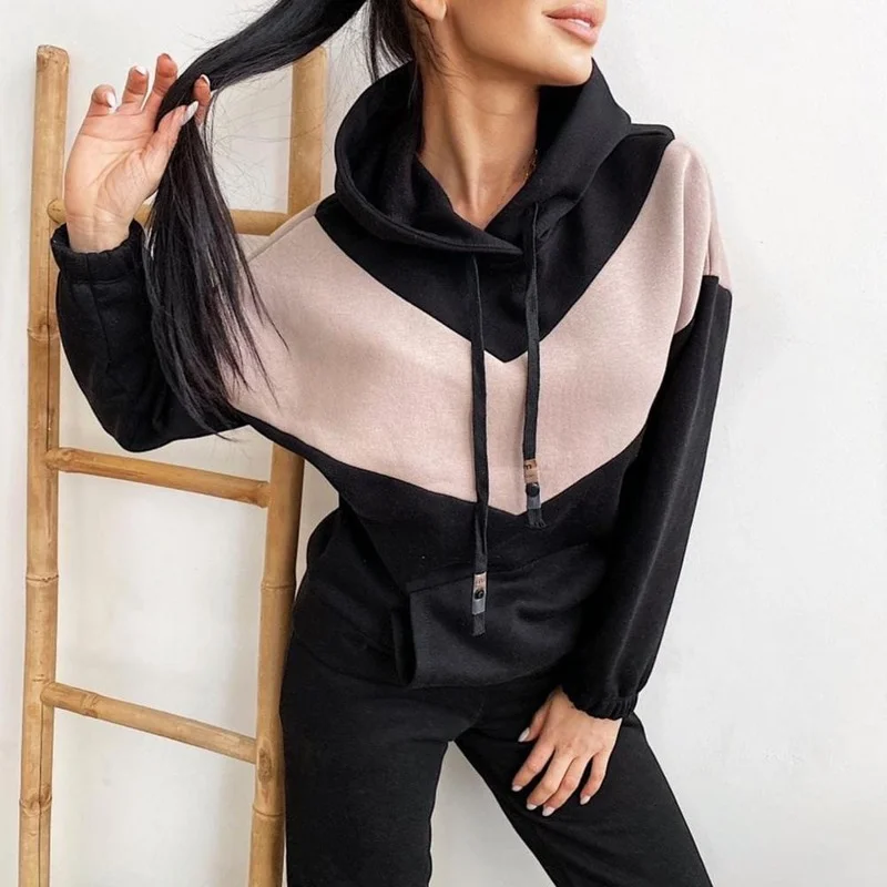 Women Set Hoodie Pants Set Hooded Drawstring Autumn Sweatshirt Winter Women Contrast Color Sweatshirt Pockets Pants for Sports