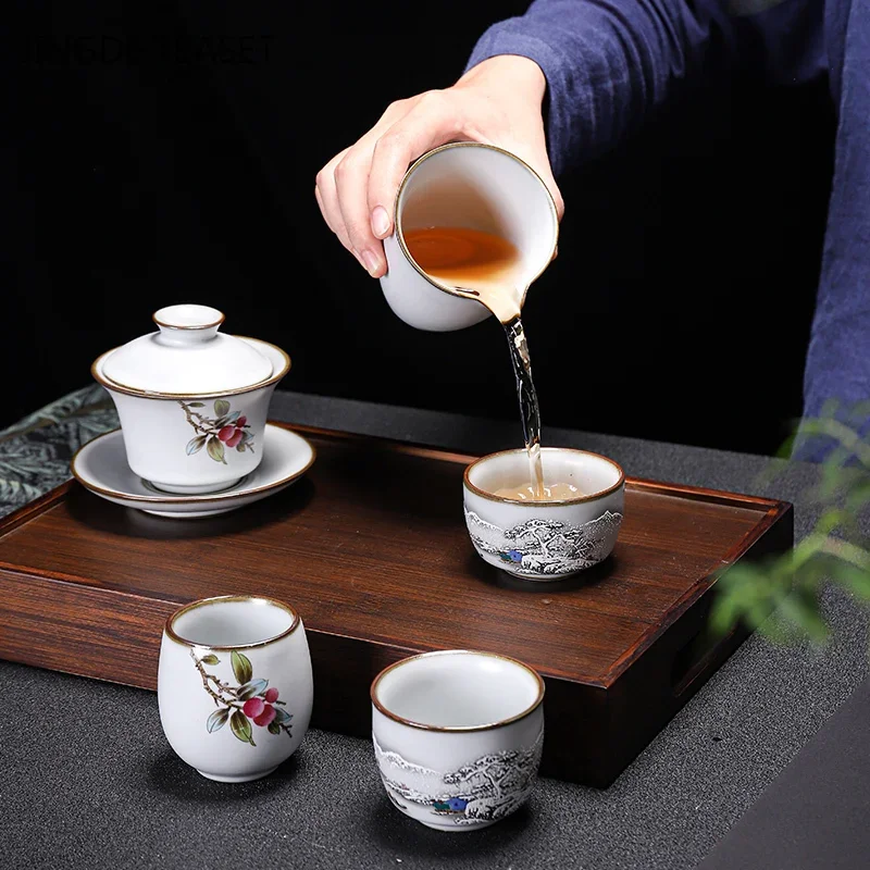 Tea Cup Chinese Ru Kiln Ceramics Teacup Exquisite Hand-painted Pattern Single Cup Tea Bowl Master Cups Individual Cup Handmade Teaware